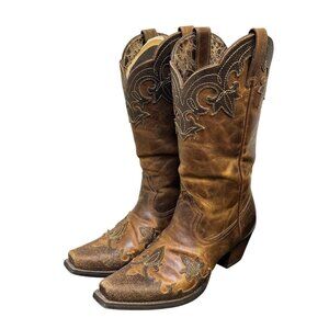 Ariat Western Brown Leather Boots Size 7.5 With Embroidered Floral Design